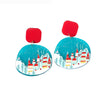 Blue Red Winter Village Drop Earrings