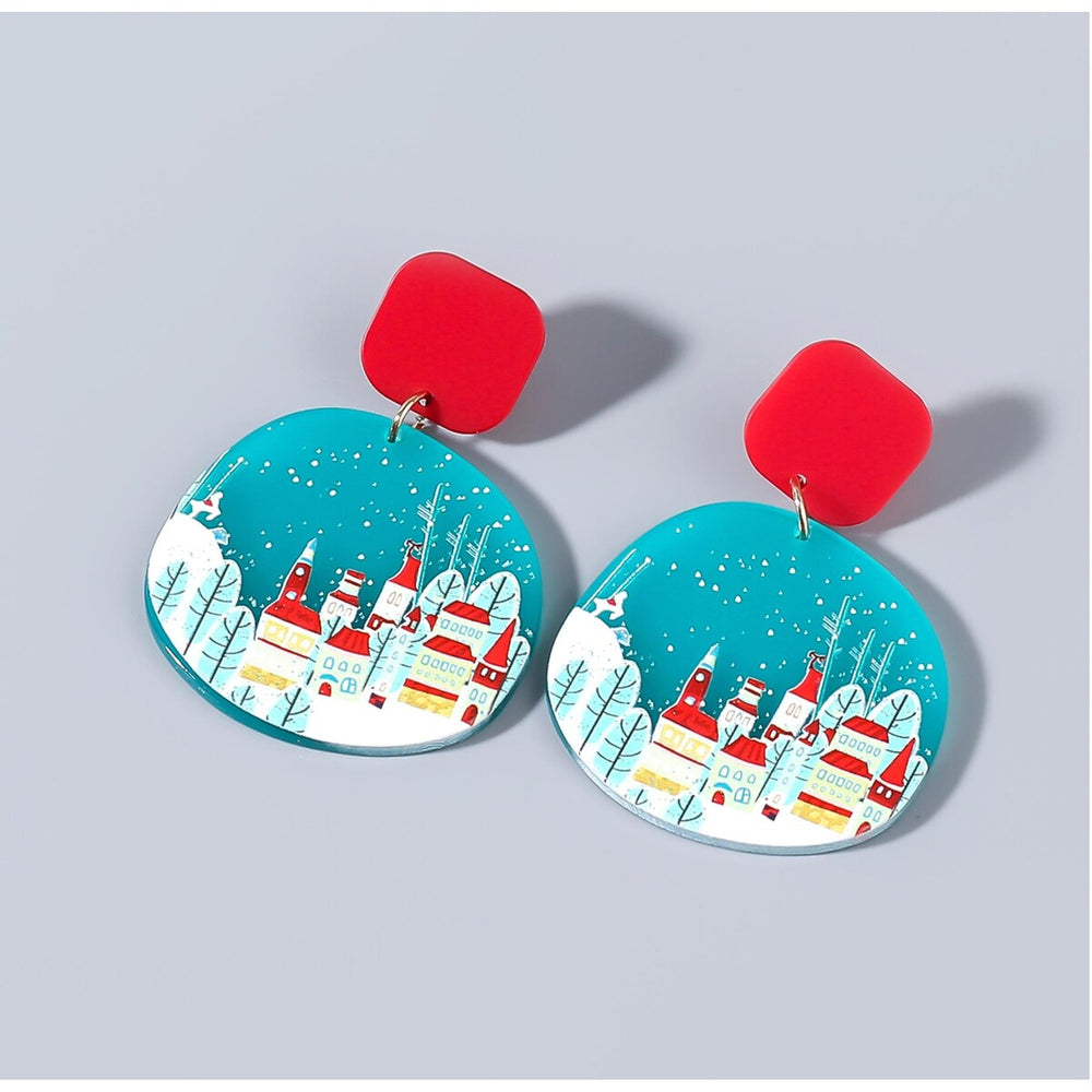 Blue Red Winter Village Drop Earrings