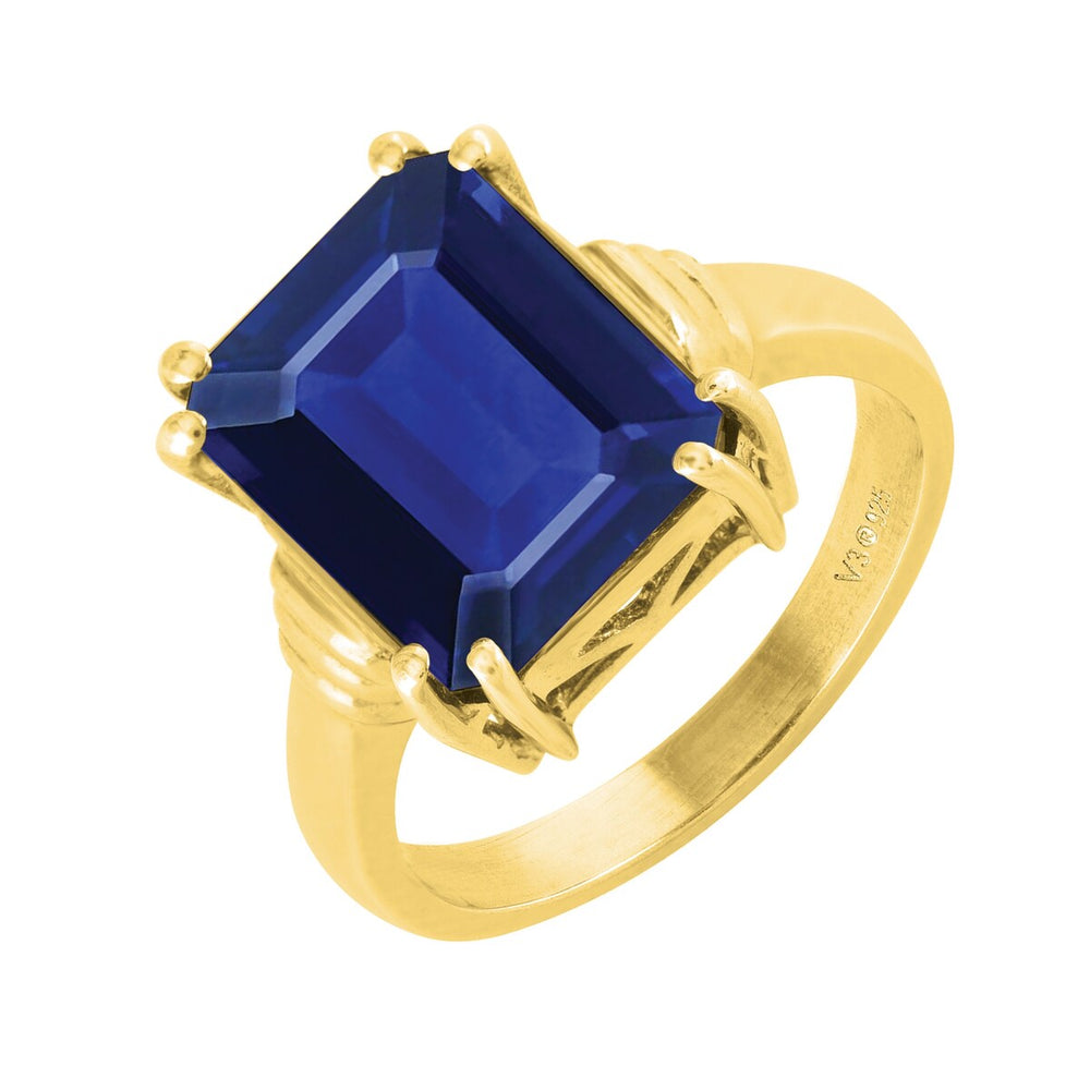 Blue Sapphire 18K Gold Plated Sterling Silver Solitaire Emerald Cut Ring