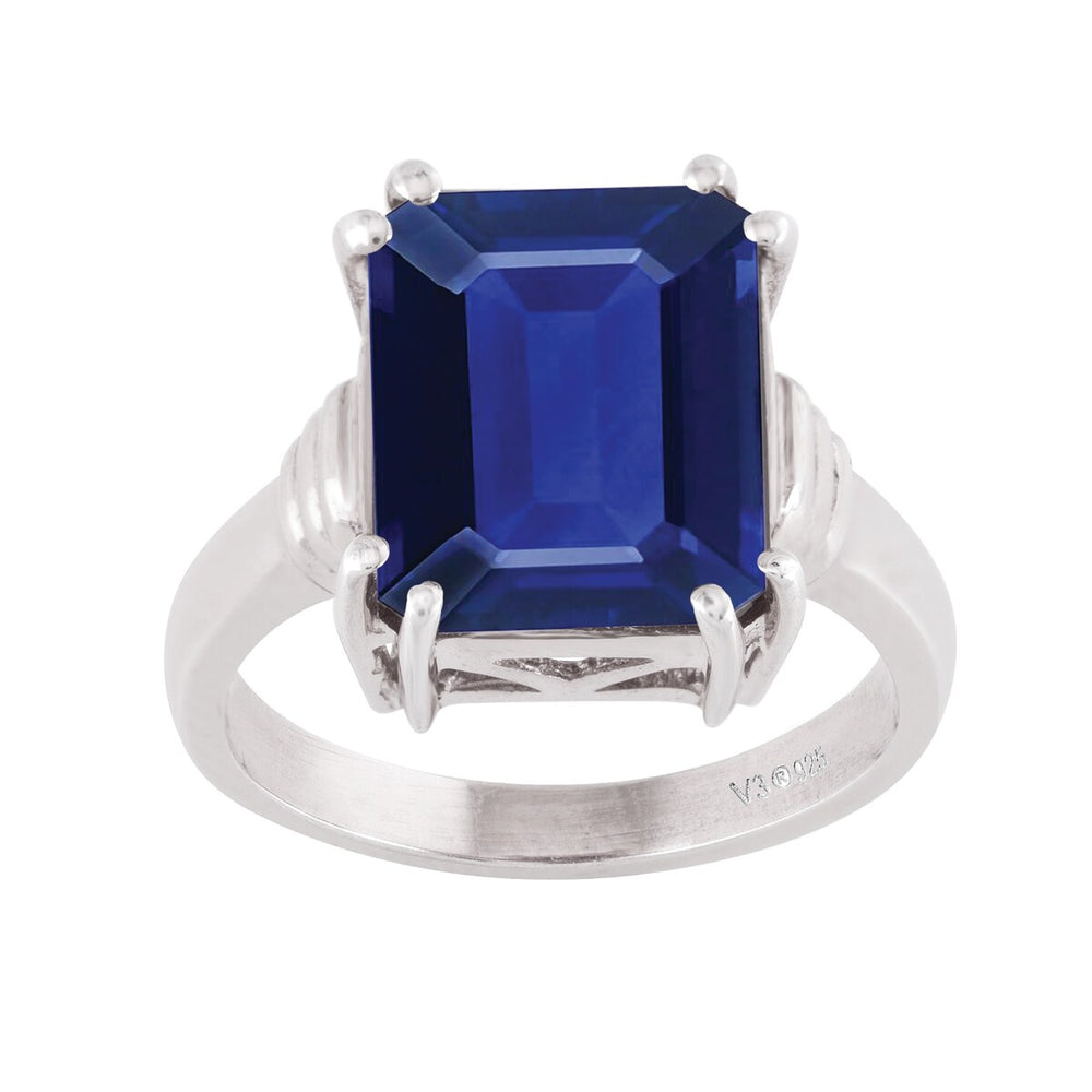 Blue Sapphire Sterling Silver Solitaire Emerald Cut Ring