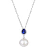 Blue Sapphire and 14mm Shell Pearl Sterling Silver Drop Pendant Necklace