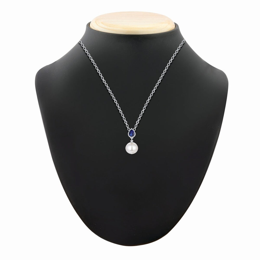 Blue Sapphire and 14mm Shell Pearl Sterling Silver Drop Pendant Necklace