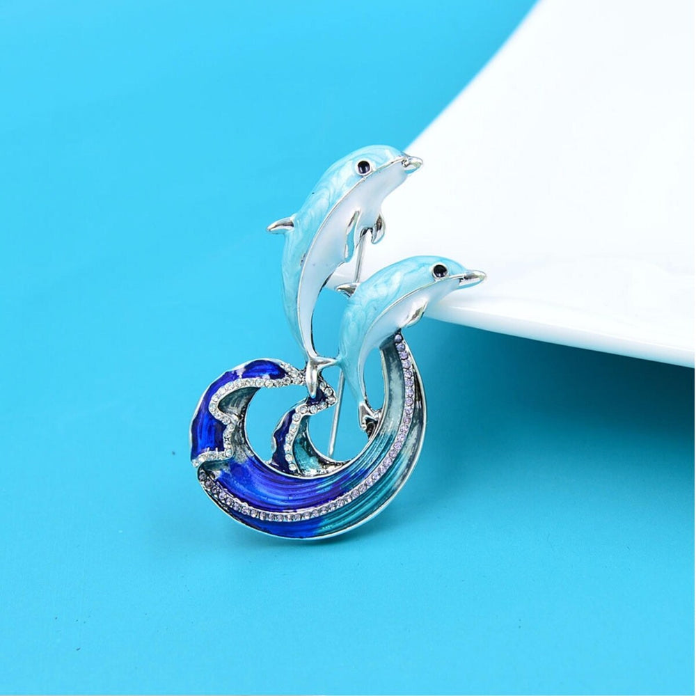 Blue Silvertone Diving Dolphins Brooch