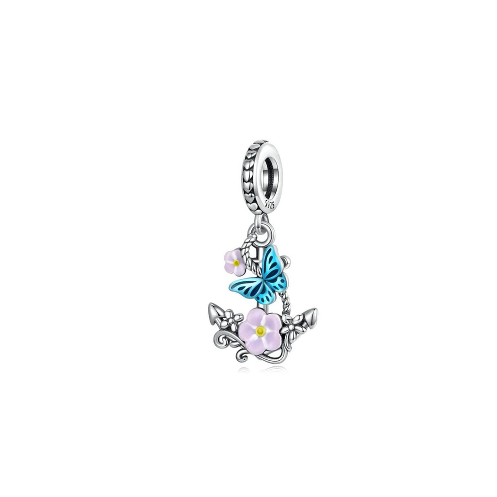 Blue Sterling Silver Butterfly Floral Anchor Charm