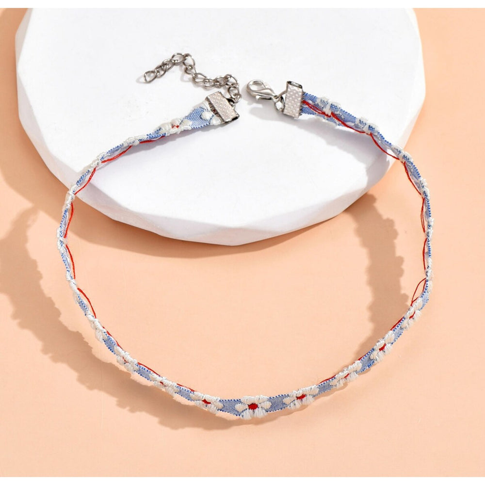 Blue & White Embroidered Daisy Choker Necklace