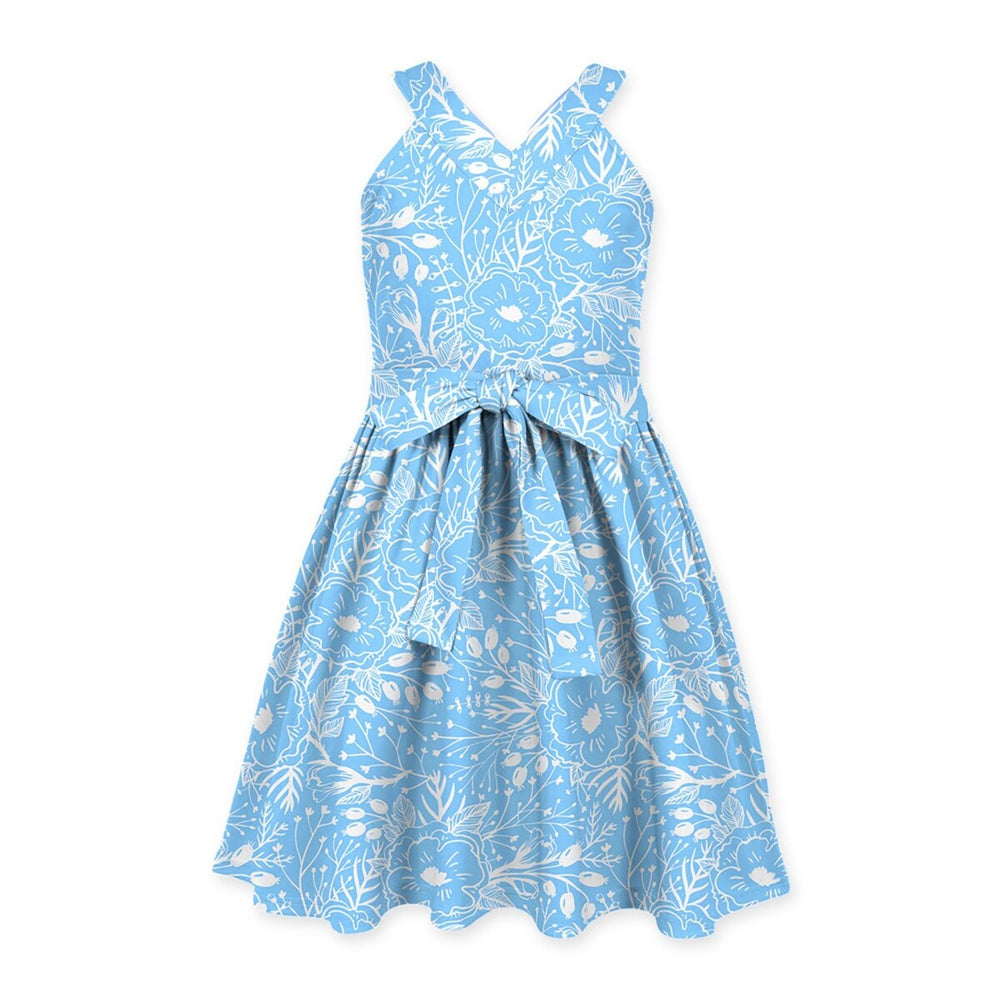 Blue & White Floral Print Bow-Belted Sleeveless Dress