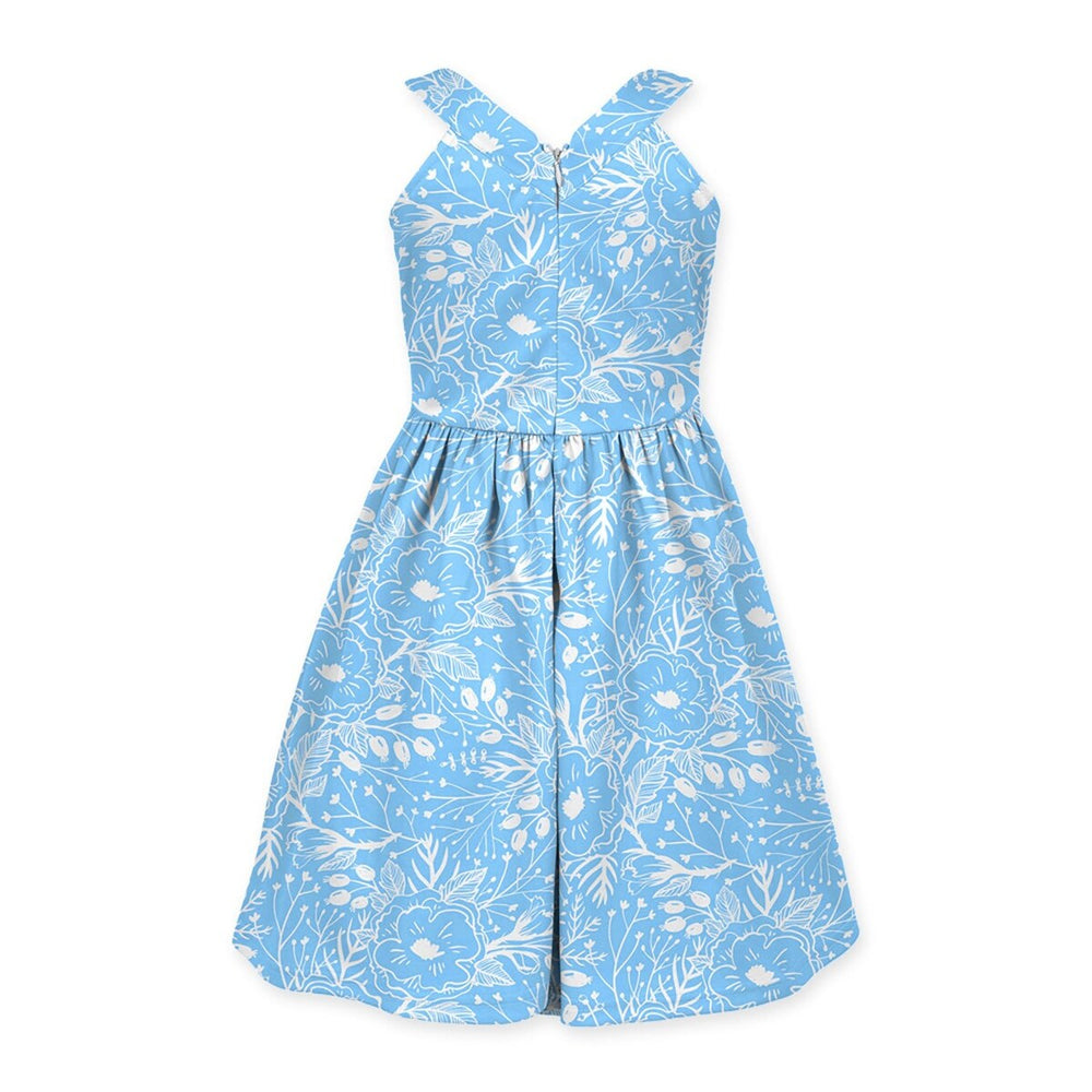 Blue & White Floral Print Bow-Belted Sleeveless Dress