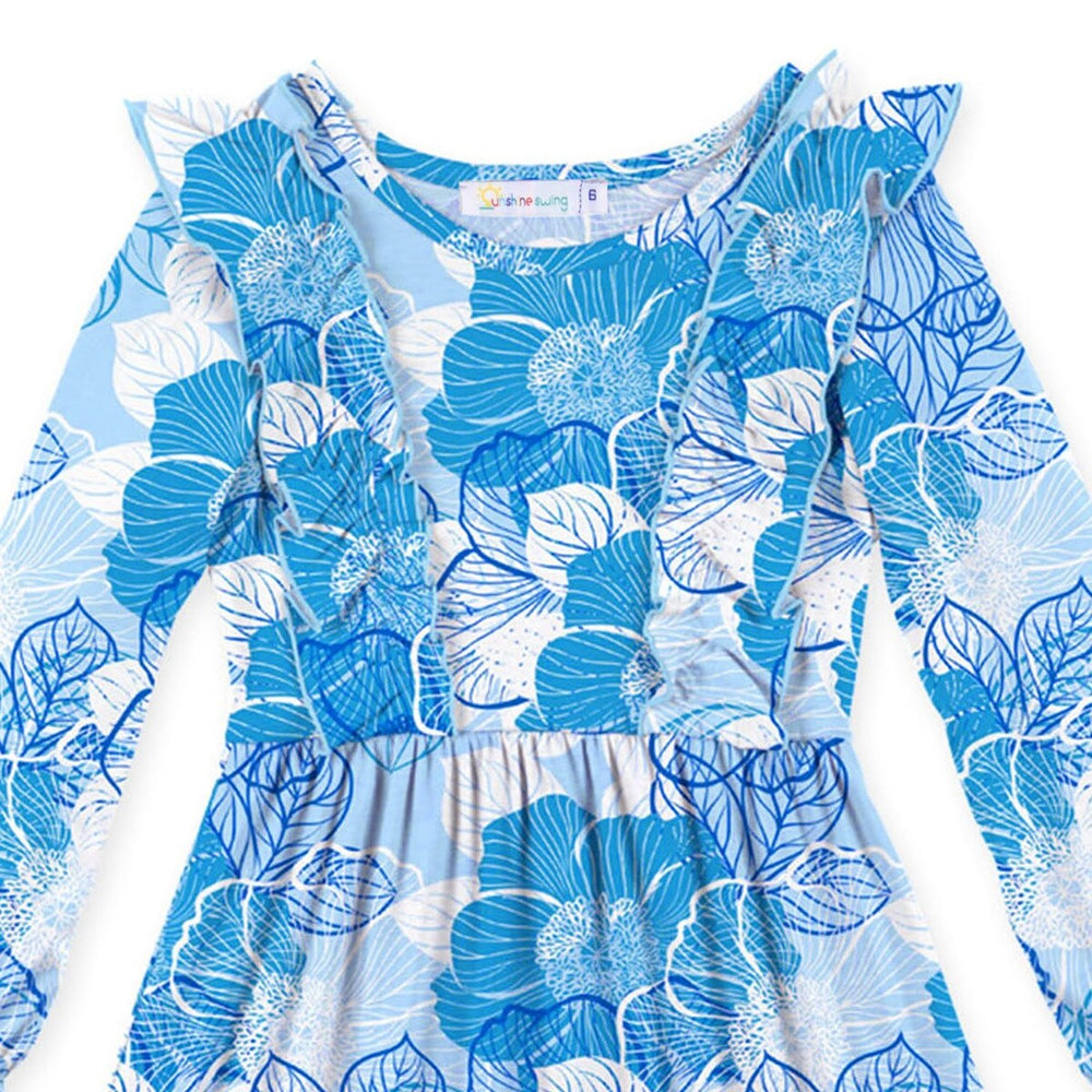 Blue & White Floral Print Ruffle-Accent Long-Sleeve A-line Dress