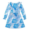 Blue & White Floral Print Ruffle-Accent Long-Sleeve A-line Dress