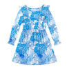 Blue & White Floral Print Ruffle-Accent Long-Sleeve A-line Dress