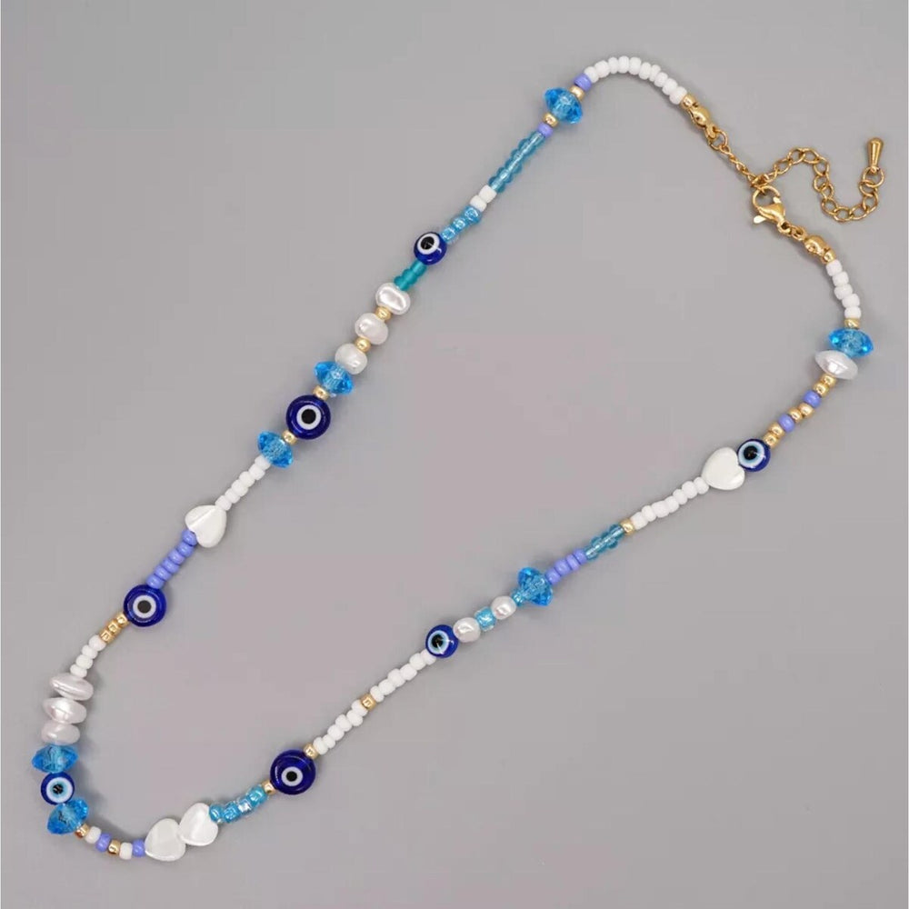 Blue & White Seed Bead Evil Eye Necklace