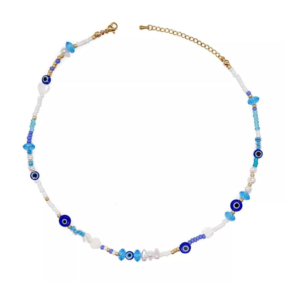 Blue & White Seed Bead Evil Eye Necklace