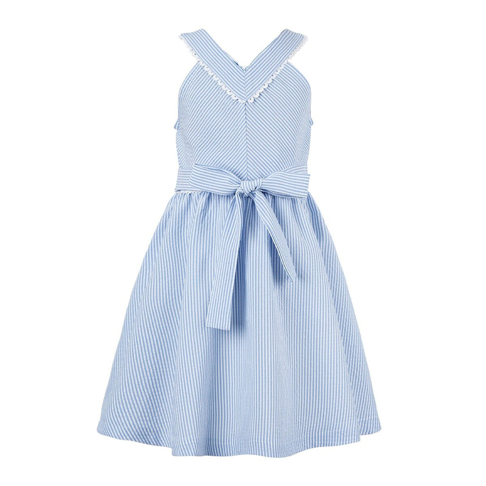 Blue & White Stripe Bow-Accent Sleeveless A-Line Dress