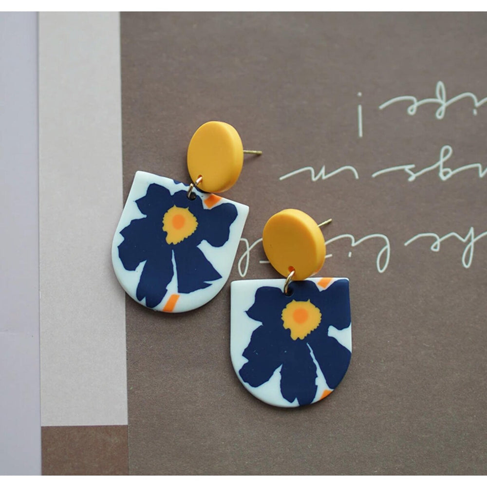 Blue & Yellow Flower Arched Drop Earrings