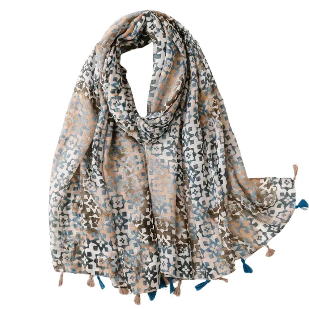 Blue and Beige Ornate Patterned Chiffon Scarf