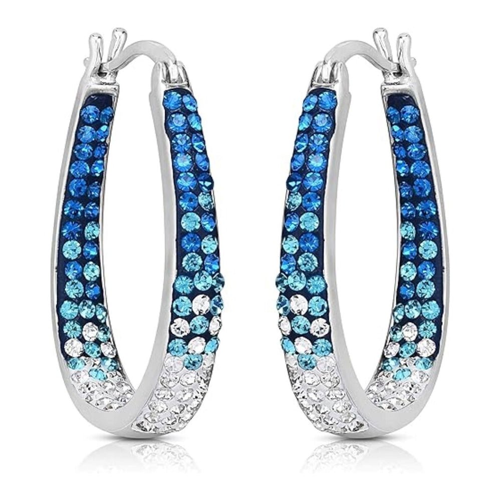 Blue and White Inside Out Crystal Hoop Earrings For Women - Blue and White