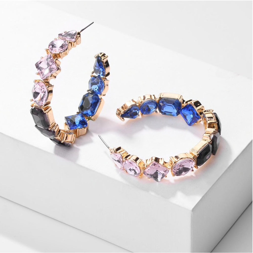 Blue, Pink Black Crystal Hoop Earrings