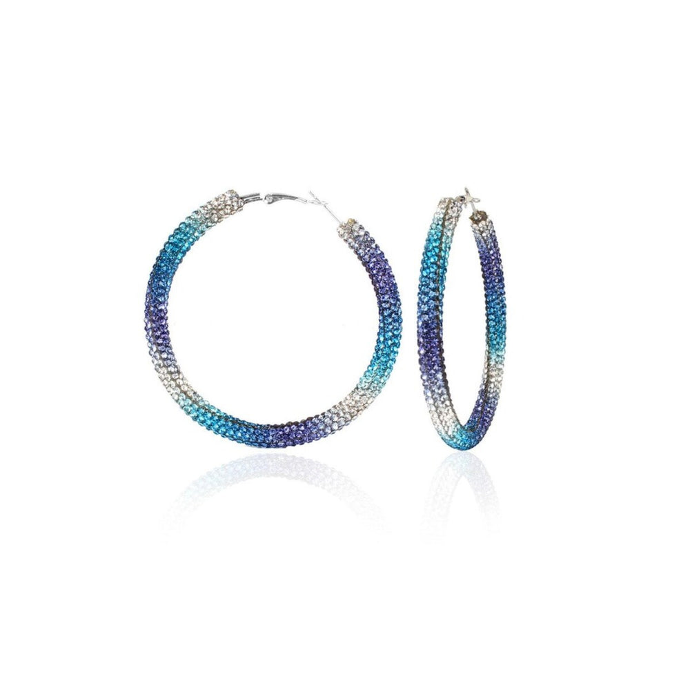 Blue, Purple Clear Crystal Pave Statement Hoop Earrings