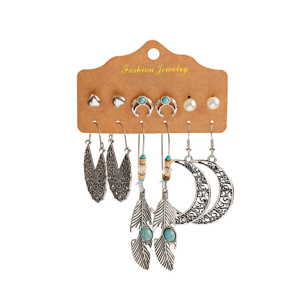 Boho Silvertone & Turquoise Feather And Crescent Moon Set Of 6 Earrings