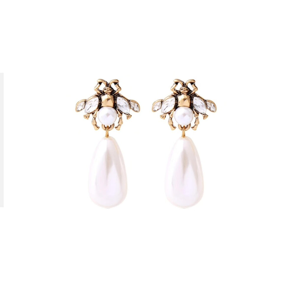 Brass Bee Pearl Teardrop Earrings