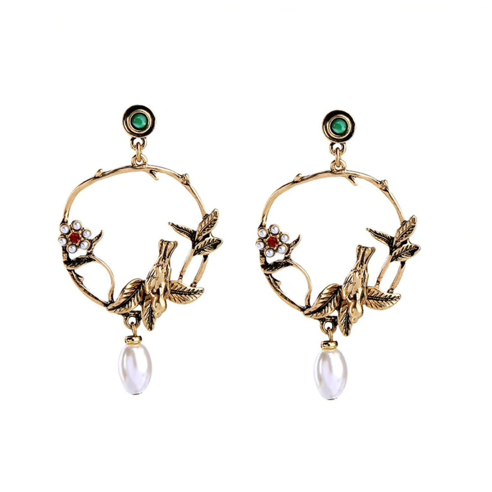 Brass Imitation Pearl Flying Bird Earrings