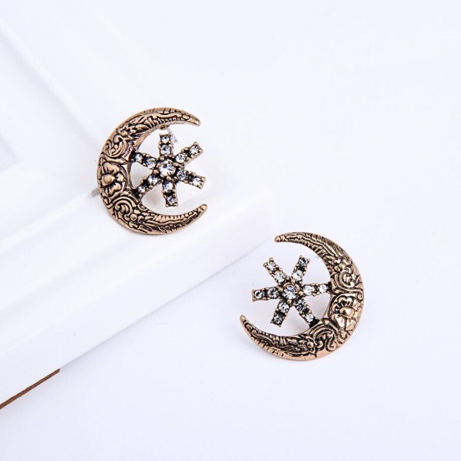 Brass Moon Crystal Star Stud Earrings