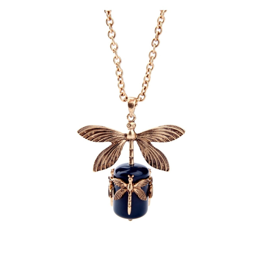 Brass Navy Dragonfly Necklace - White