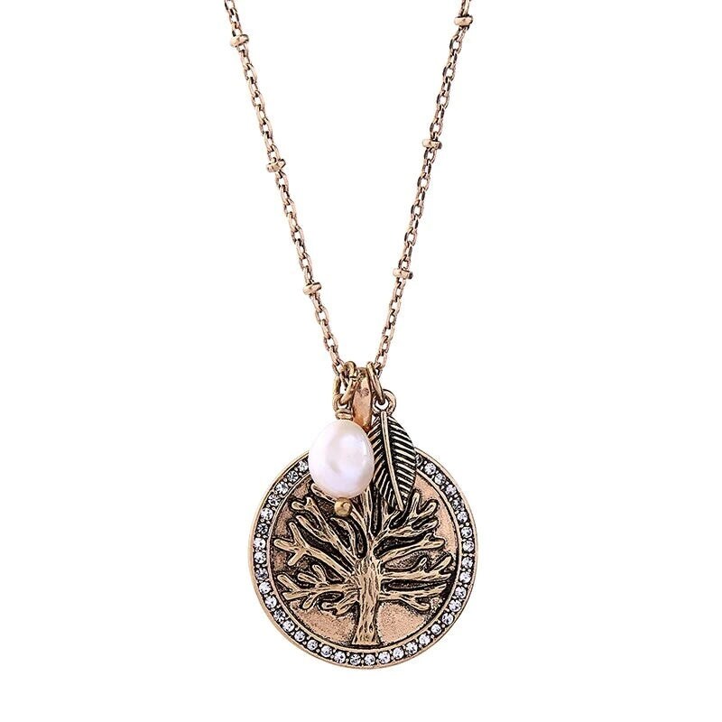 Brass Tree Of Life Necklace With Charms and Freshwater Pearl - White