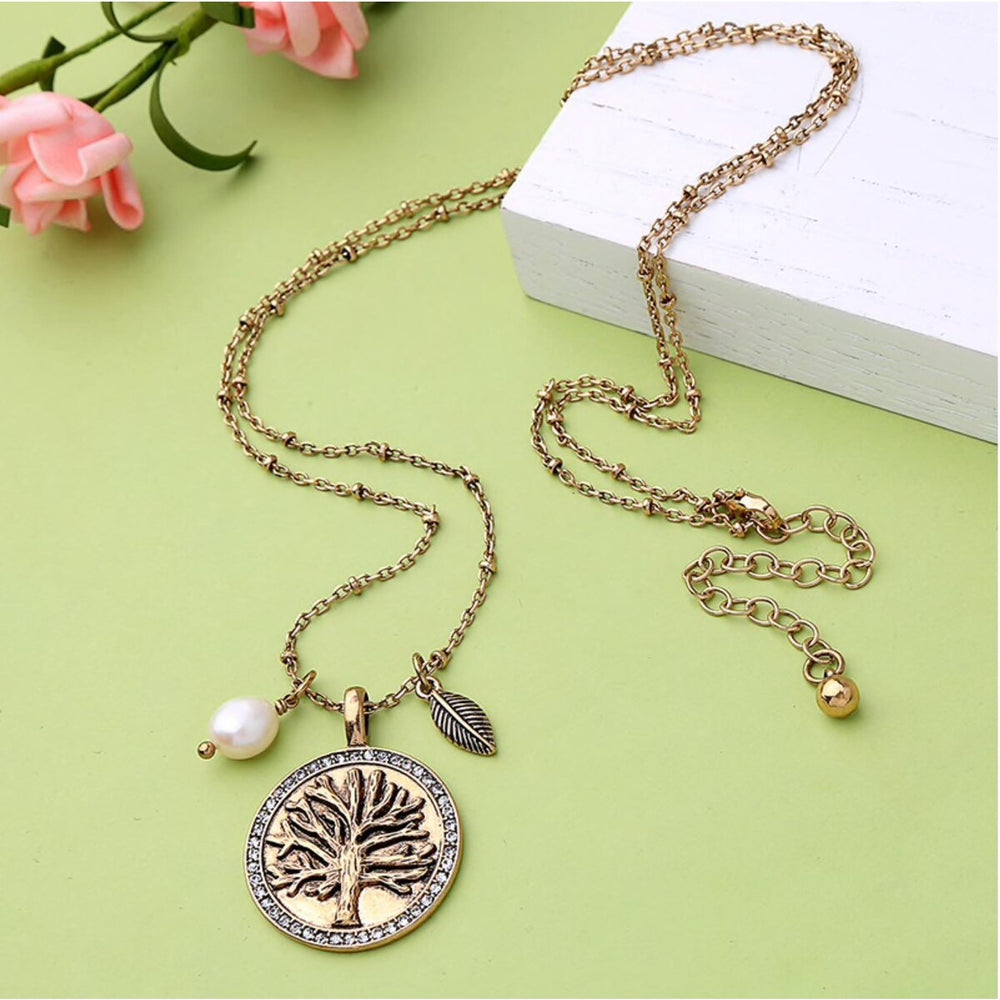 Brass Tree Of Life Necklace With Charms and Freshwater Pearl - White