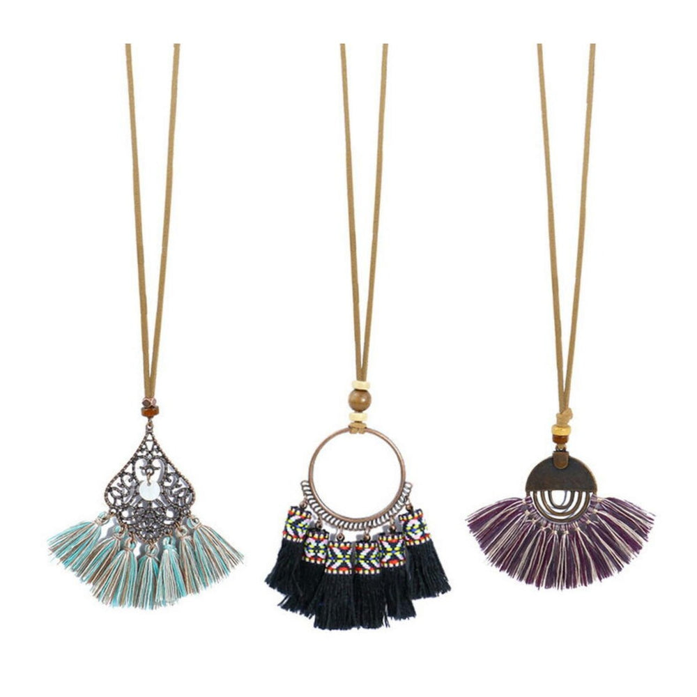 Brass tassel necklace set of 3 - Black - White