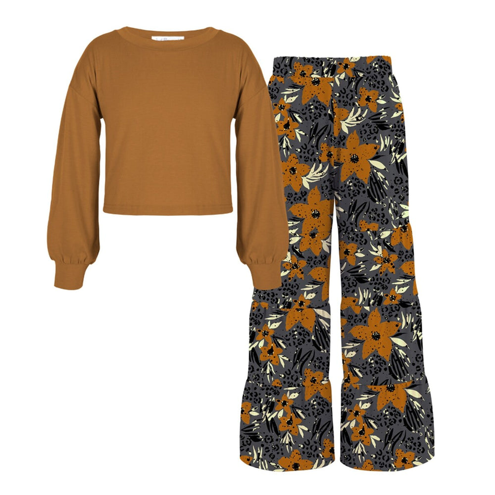 Brown Bishop-Sleeve Top & Floral Print Tiered Pants