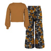 Brown Bishop-Sleeve Top & Floral Print Tiered Pants