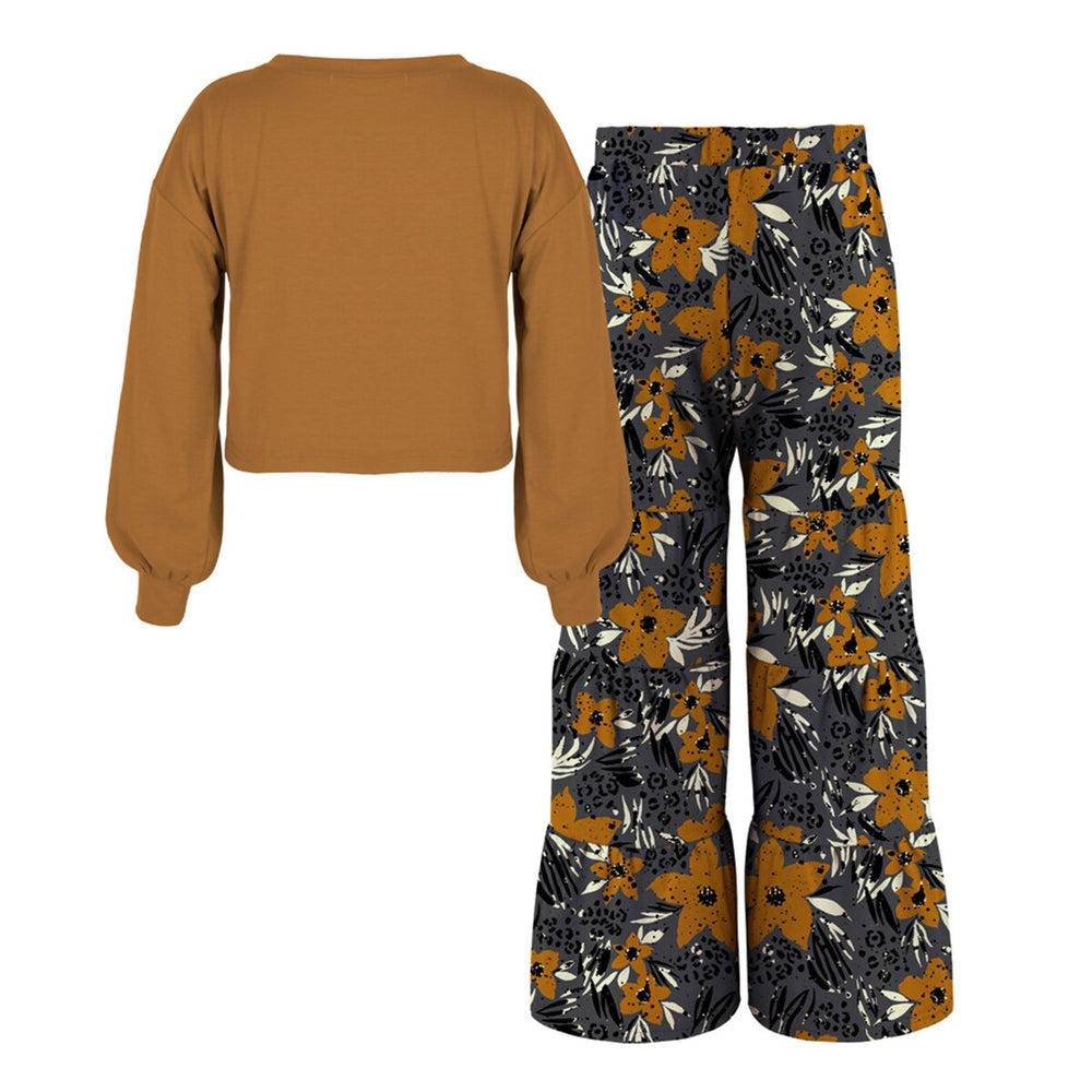 Brown Bishop-Sleeve Top & Floral Print Tiered Pants