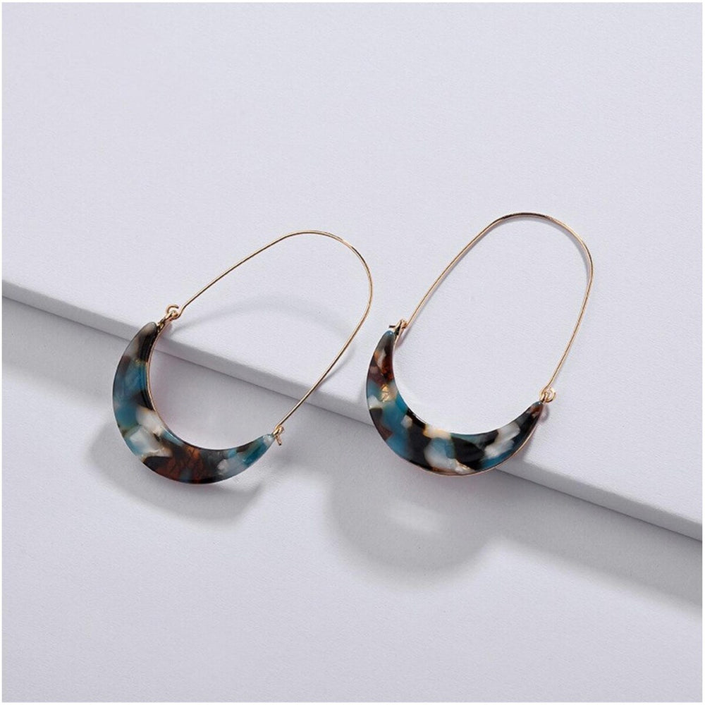 Brown Blue Faux Tortoise Shell Semi Circular Stud Earrings