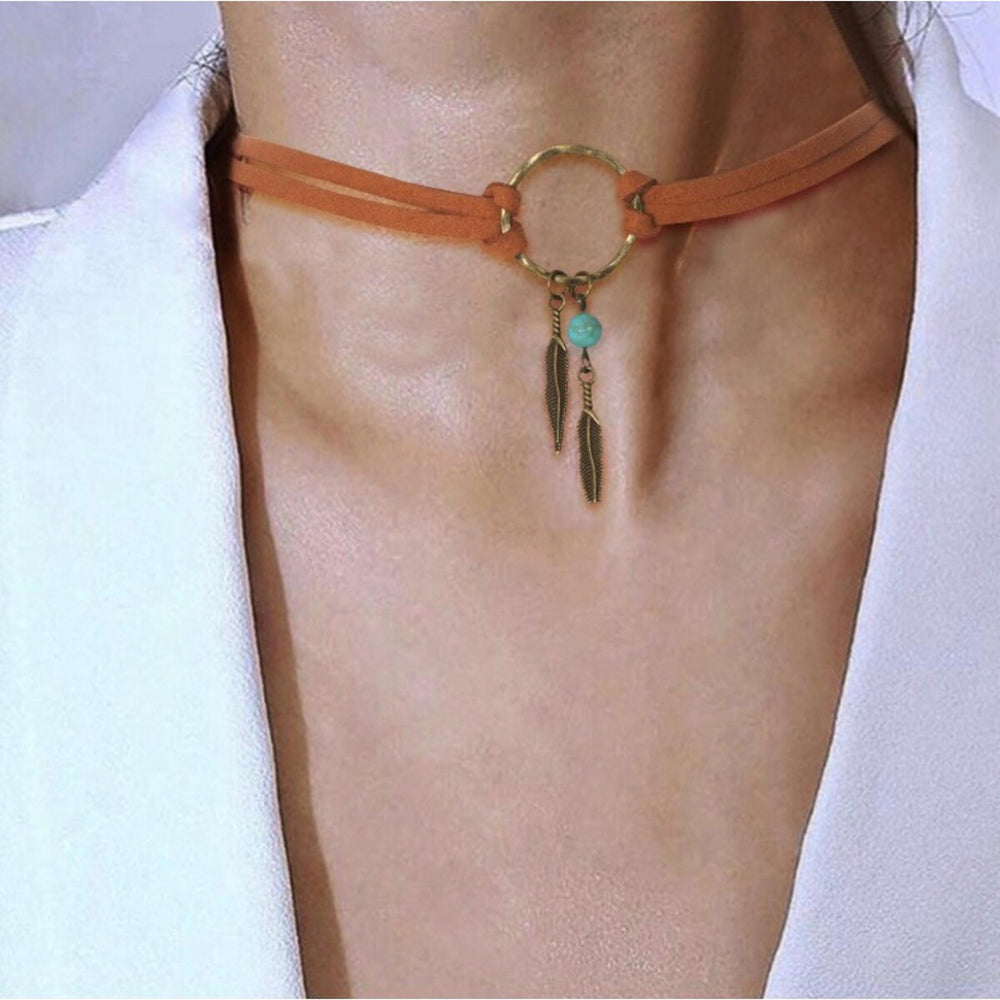 Brown Faux Leather Boho Choker Necklace - White