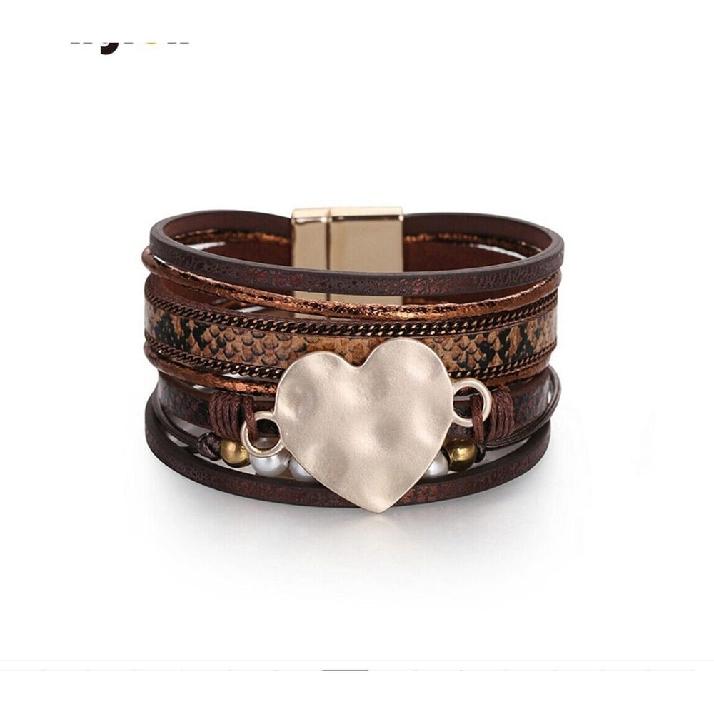 Brown Faux Leather & Hammered Heart Multi-strand Bracelet