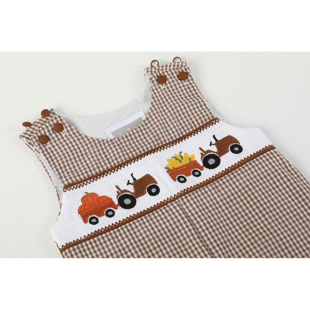 Brown Gingham Pumpkin and Corn Tractor Smocked Overalls