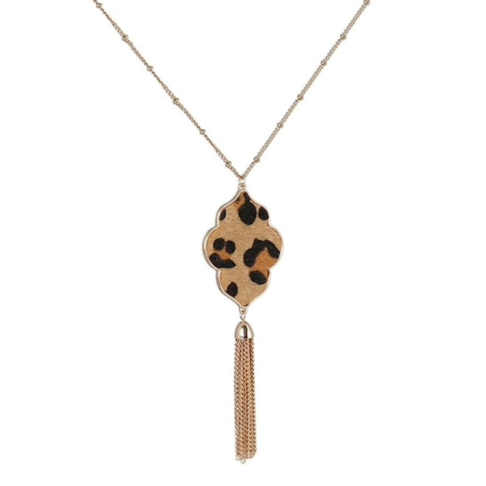 Brown Goldtone Leopard Tassel Pendant Necklace - White