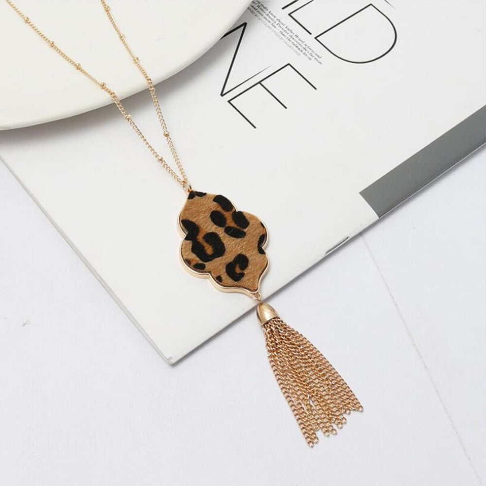 Brown Goldtone Leopard Tassel Pendant Necklace - White