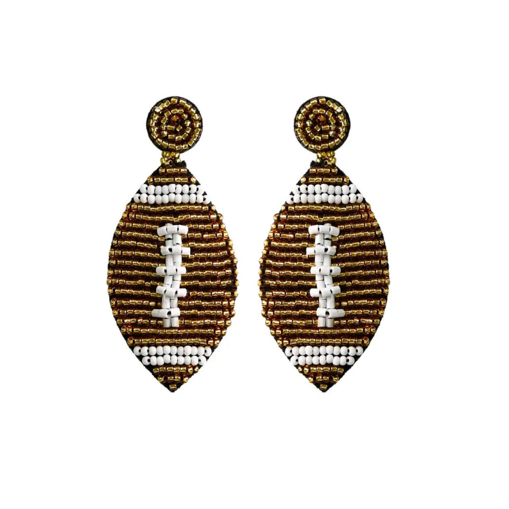 Brown & White Beaded Football Drop Earrings