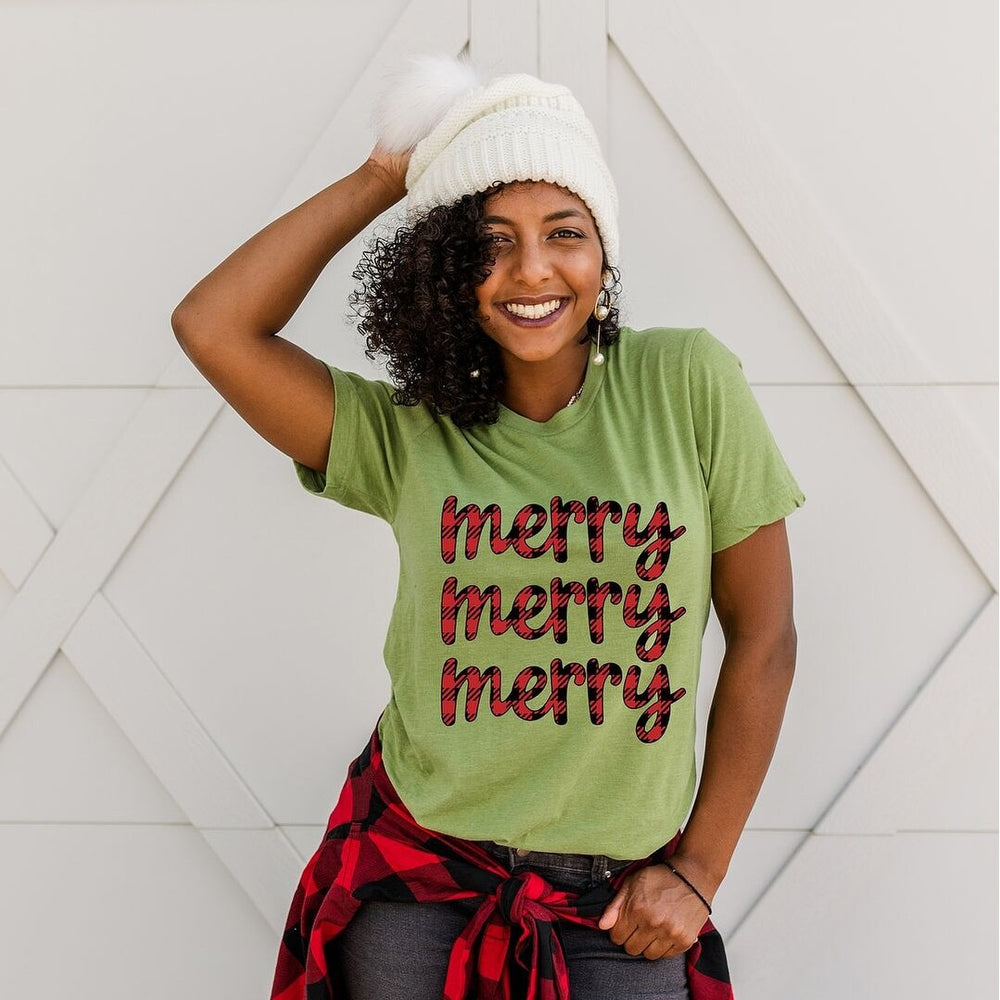 Buffalo Plaid Merry Stacked Short Sleeve Tee