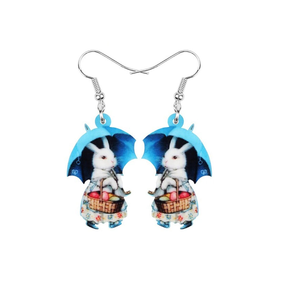 Bunny With Easter Basket Blue Umbrella Drop Earrings