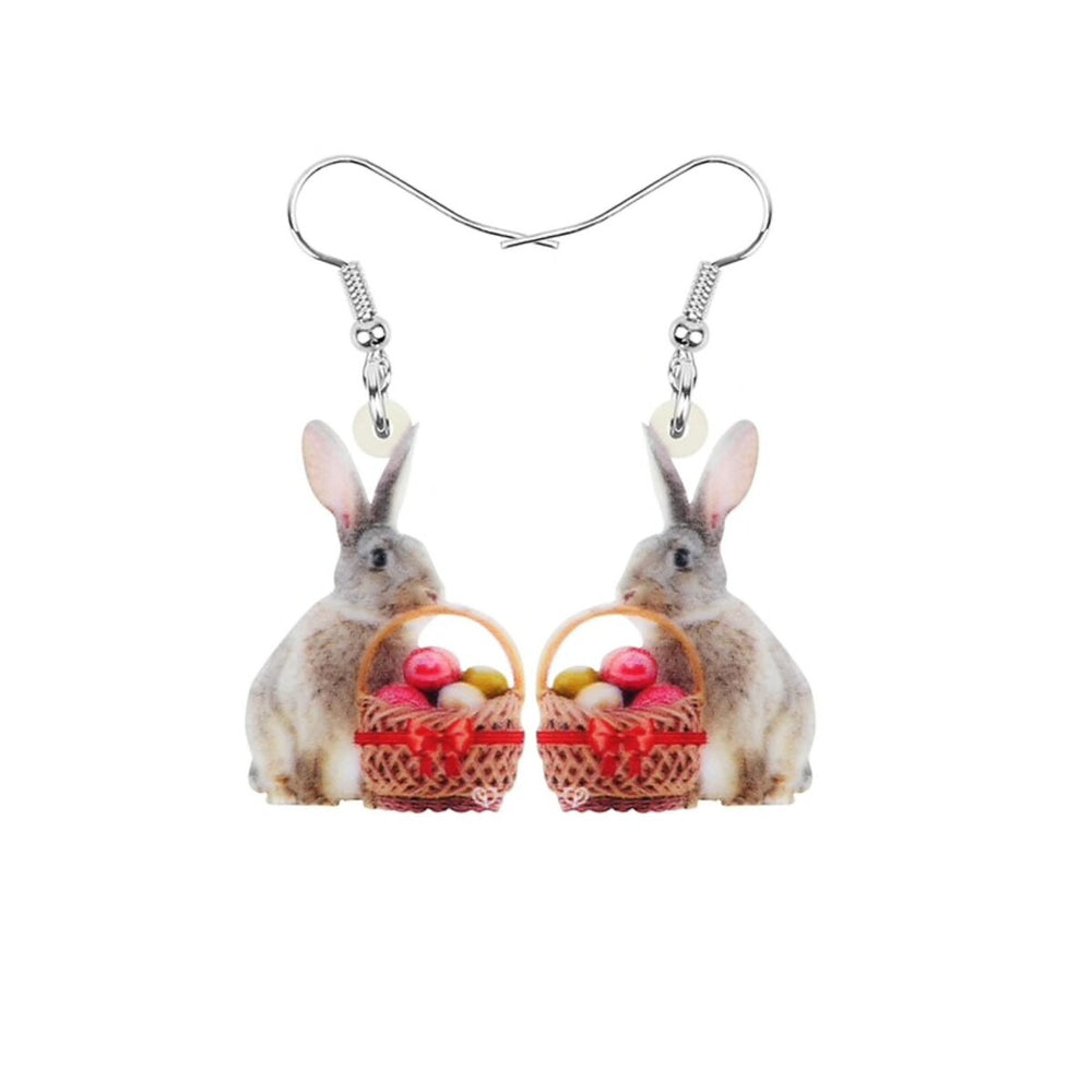 Bunny With Pink Easter Eggs In Basket Drop Earrings