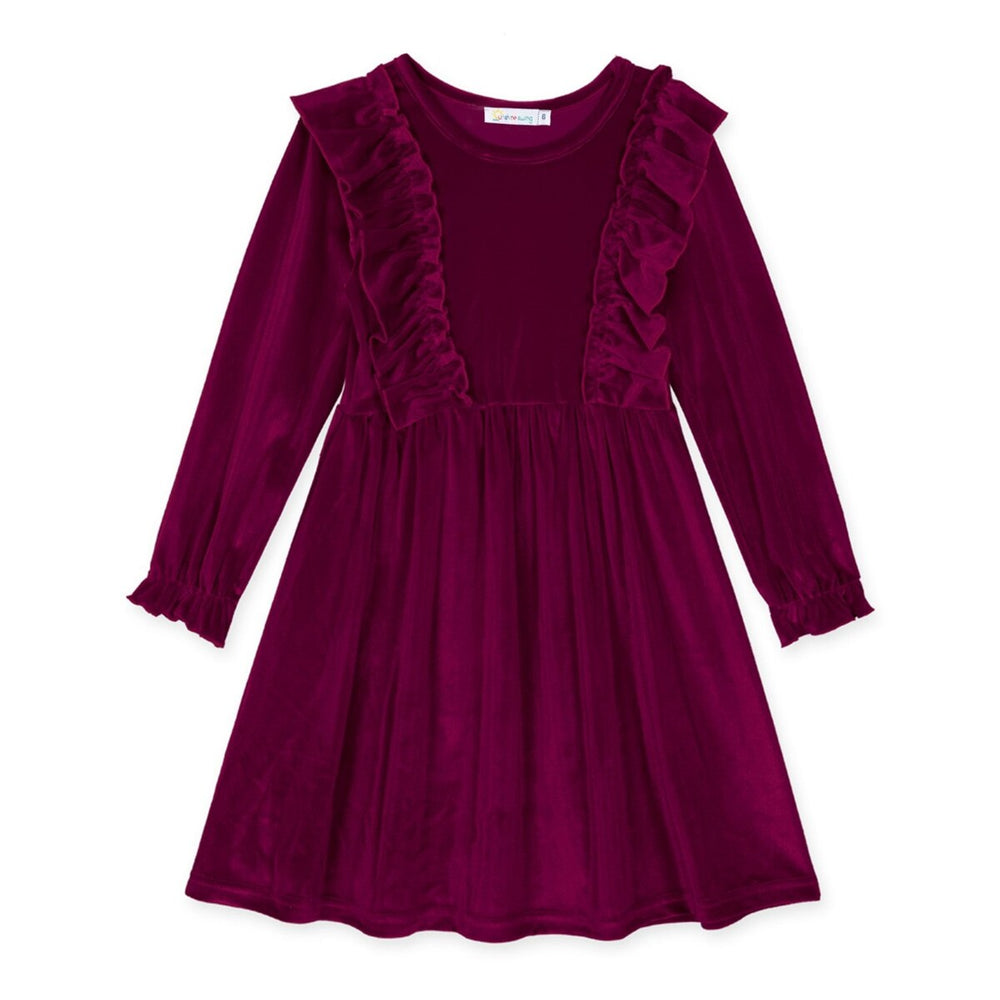 Burgundy Ruffle-Accent Velvet A-Line Dress