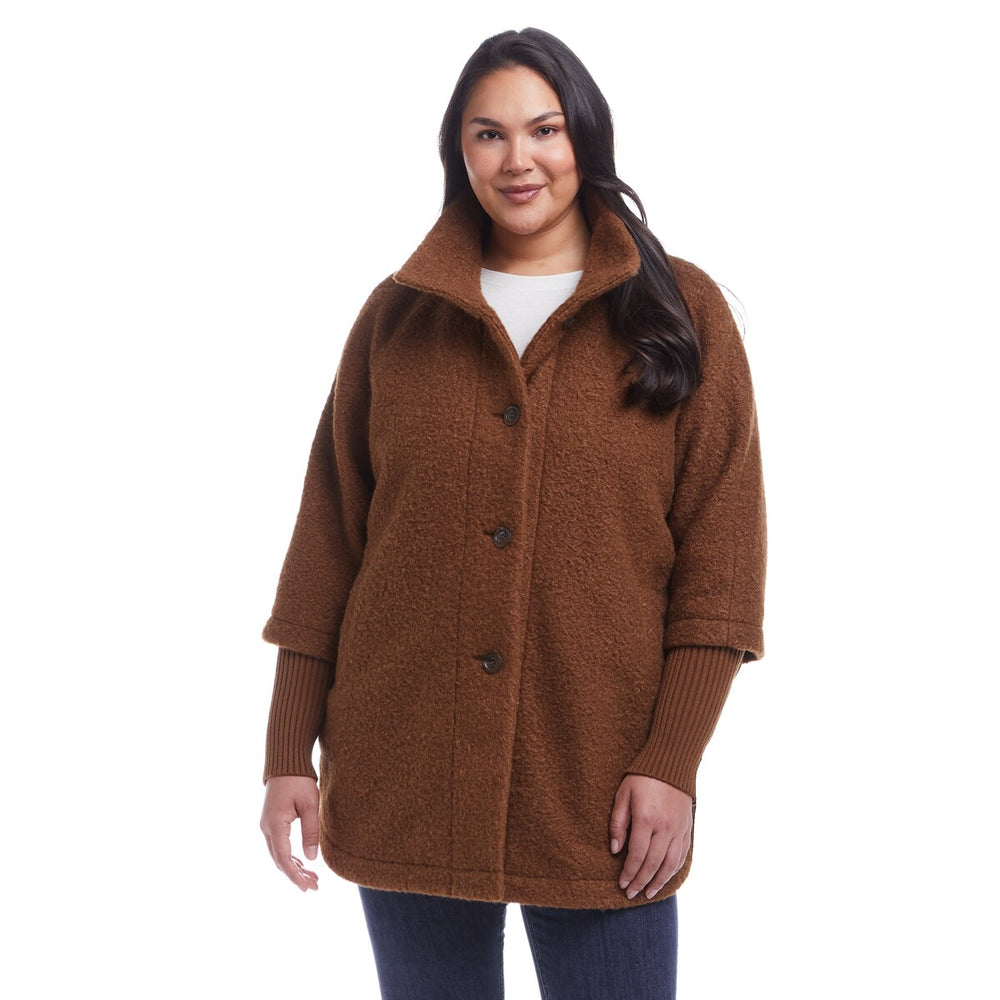 Button Front Boucle Topper with Knit Sleeves