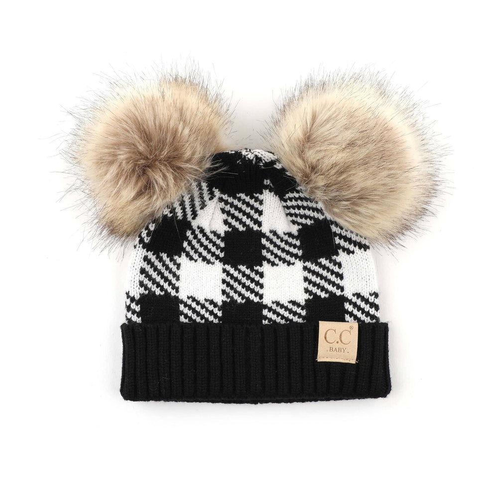 CC Baby or Kids Size Buffalo Plaid Double Pom Beanie