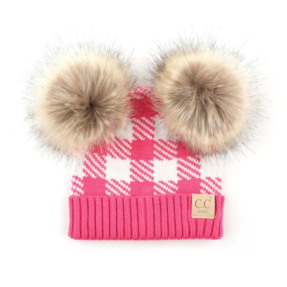 CC Baby or Kids Size Buffalo Plaid Double Pom Beanie