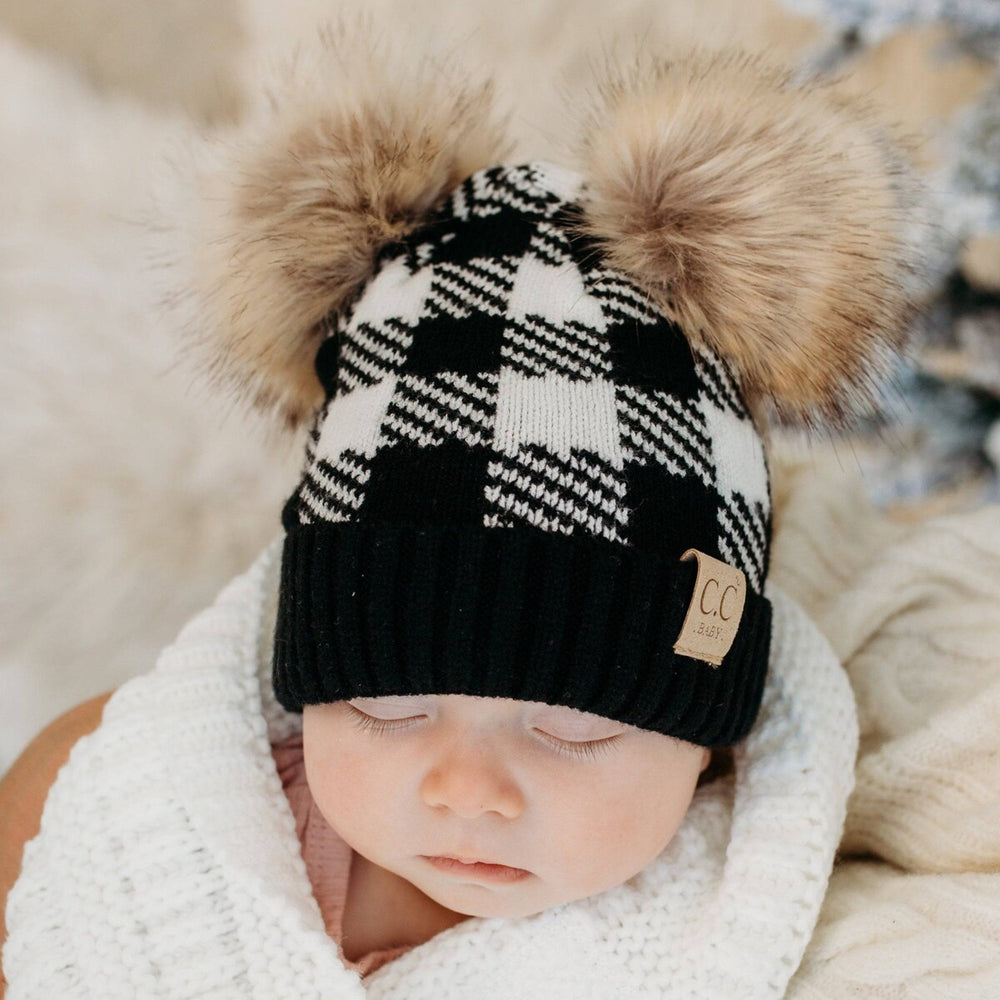 CC Baby or Kids Size Buffalo Plaid Double Pom Beanie