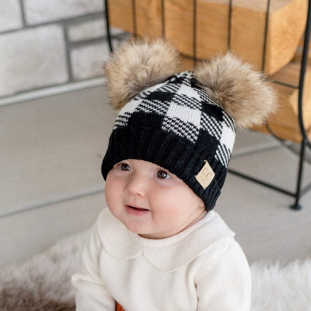 CC Baby or Kids Size Buffalo Plaid Double Pom Beanie