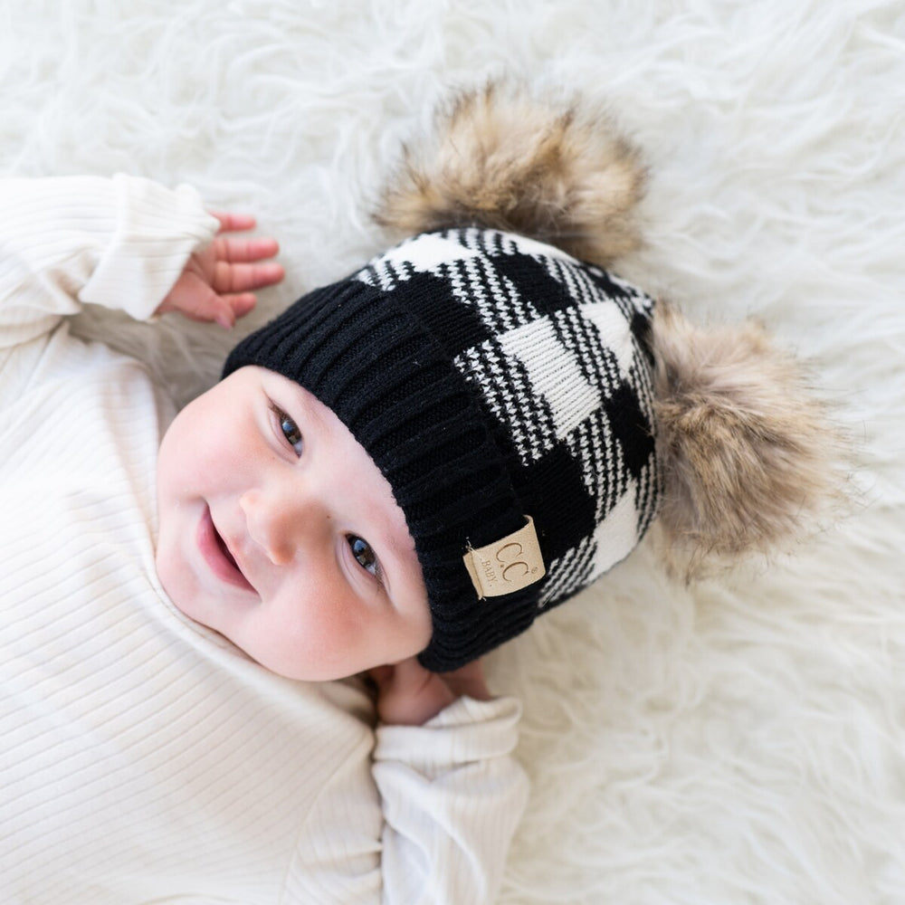 CC Baby or Kids Size Buffalo Plaid Double Pom Beanie